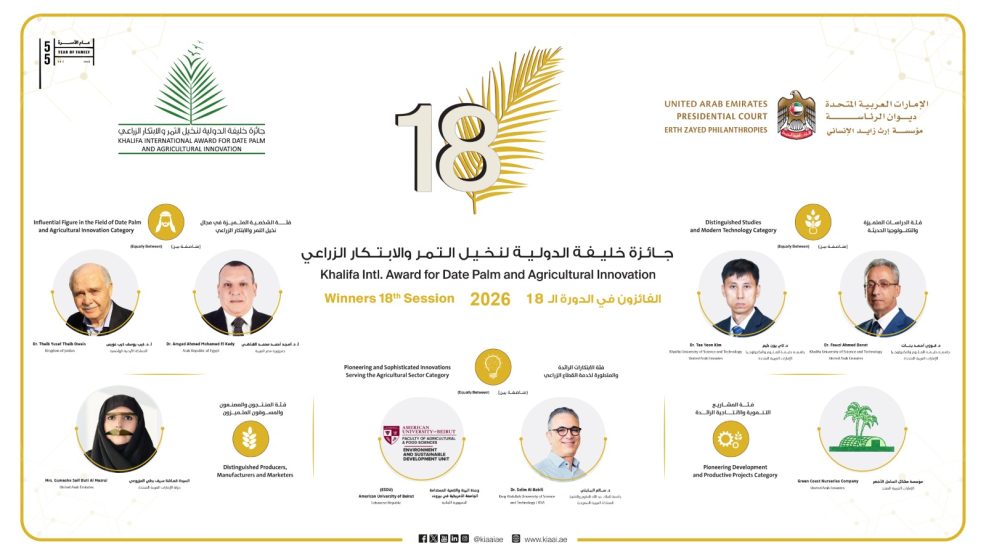 إعلان الفائزين بالدورة 18لجائزة خليفة الدولية لنخيل التمر والابتكار الزراعي وإطلاق المؤتمر الدولي الثامن لنخيل التمر